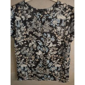 Medium Ann Taylor Key Hole Button‎ Floral Short Sleeve Sheer Blouse